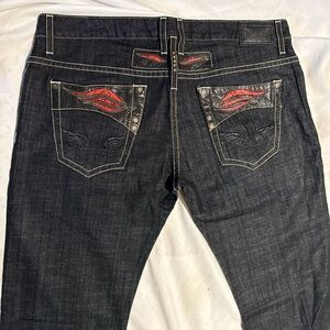 Robins Jeans Red Viper Leather Pockets Black Wings Straight Leg 40